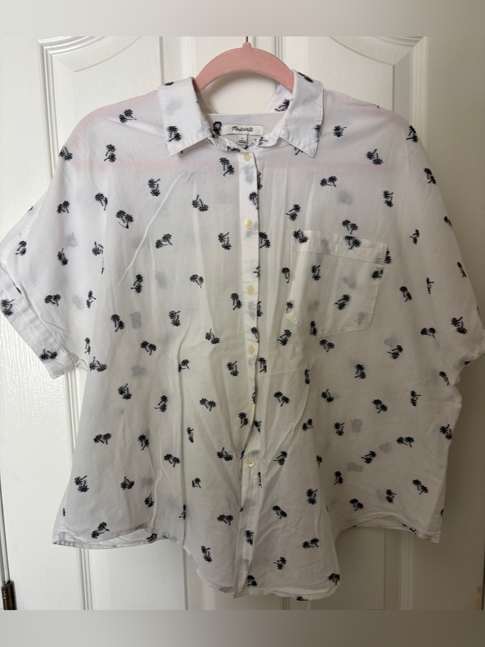 Madewell White Blouse with Black Palm Tree Pattern & Tie Front ~ Women’s Large - Picture 2 of 13